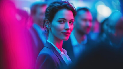 Confident woman in glasses standing still among blurred crowd in neon light