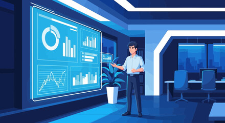 Animated technology expert presenting business analytics on an interactive display