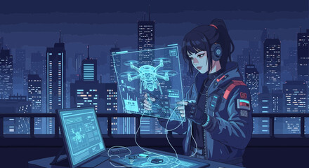 Futuristic drone engineer managing system operation in a digital urban environment
