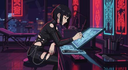 Digital tattoo artist in a studio with neon lights creating new design