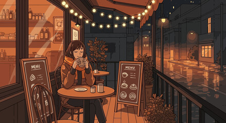 Cozy cafe evening ambiance, a tranquil scene of a girl enjoying a warm drink