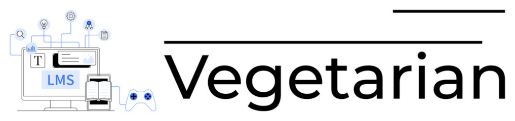 Computer screen labeled LMS connected to cloud, smartphone, game controller, and icons. Ideal for education, e-learning, innovation, technology, modern design communication simple flat metaphor