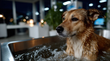 A golden-coated dog stands in a bath surrounded by water in a modern spa-like environment, showcasing the serene and playful nature of pets during grooming sessions.