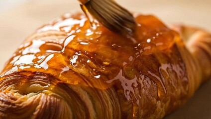 Close-up shot of a croissant being glazed with a golden, syrup-like substance. It reflects light - Powered by Adobe