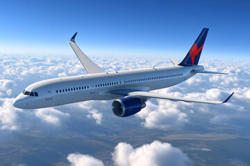 Obraz premium Modern passenger airplane flying above cloud layer with clear sky and sunlight, aerial travel scene conveying calm and freedom