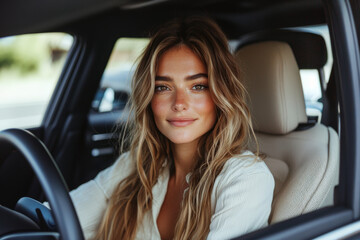 Fototapeta premium Young woman with long blonde hair and freckled skin smiling behind steering wheel of car, natural light and relaxed expression convey confidence and calm
