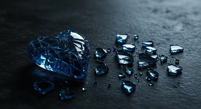 Shattered blue glass heart fragments rest on a somber surface, symbolizing deep emotional pain, brokenness, and profound sadness ,mental health ,separation ,melancholy