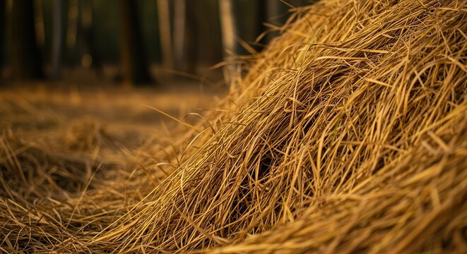 A rustic pile of dried golden grass, softly arranged, evokes natural comfort and a peaceful rest in an untouched outdoor setting ,farm ,country ,naturalbed
