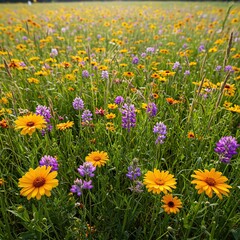 Obraz premium A vibrant meadow explodes with a diverse array of colorful wildflowers under the bright summer sun, showcasing nature's beauty ,blue ,summer ,natural