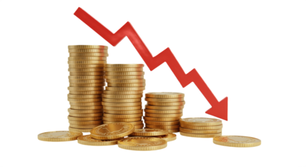 stack of golden coins with a red downward arrow isolated on white background, symbolizing financial loss, market decline, and economic recession
