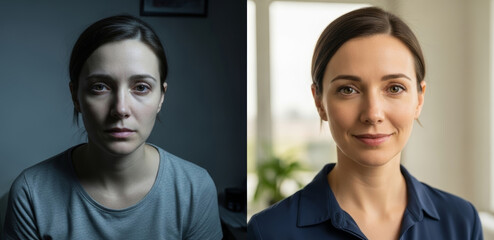 Woman before and after overcoming depression. Comparison shows transformation from sad, lonely woman in dark room to happy, confident woman in sunny park. Concept of mental health, therapy, recovery