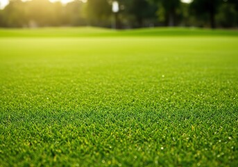 Naklejka premium Lush, perfectly manicured green grass on a sunlit golf course, showing fine detail of blades. Ideal for sports and outdoor themes ,outdoor ,detail ,nature