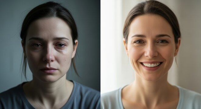 Woman's transformation from sad to happy. Before and after comparison of crying woman in despair and smiling, confident woman. Concept of mental health, therapy, and overcoming depression.