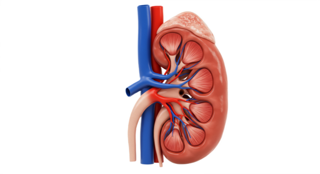 a detailed human kidney anatomy isolated on white background, showcasing medical structure, renal system, and biology in realistic artistic style