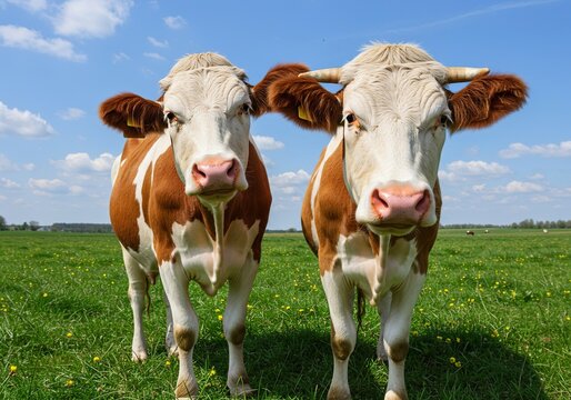 A humorous bovine with a comical expression and quirky gaze standing in a lush green pasture under a bright blue sky, bringing lighthearted amusement ,humorous ,domestic animal ,amusing