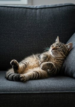 An adorable fluffy cat deeply asleep on a cozy sofa, paws akimbo in a truly comical, serene slumber. Humorous and utterly relaxed ,pet ,cat ,contentment