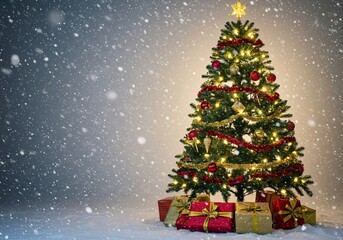 Obraz premium A beautifully decorated Christmas tree stands under a gentle, enchanting snowfall, creating a magical winter wonderland scene perfect for the holidays ,frozen ,tree ,tradition