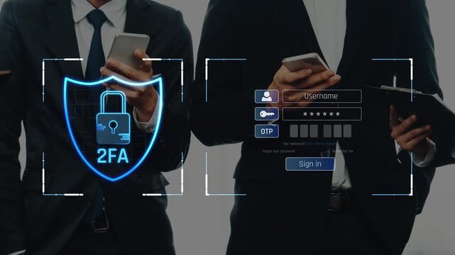 Business professionals utilize two-factor authentication technology for secure online access, ensuring data protection and safety in a modern corporate environment. Raster - Powered by Adobe