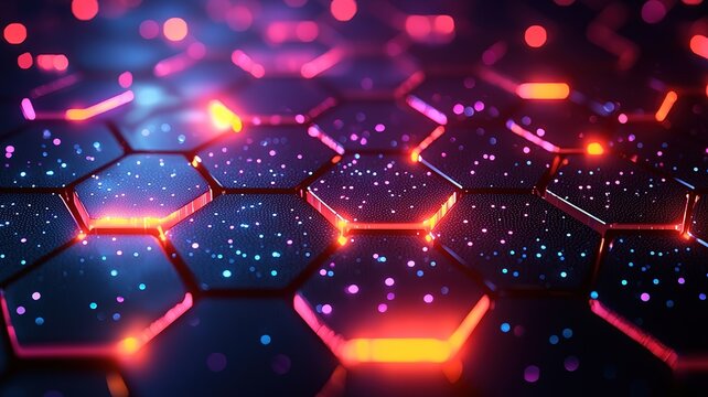 Dark blue gradient futuristic abstract background with glowing hexagons and data network, 3D design
