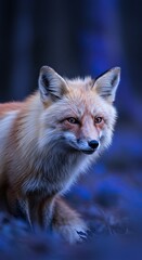 Obraz premium Vibrant blue fox gazing intently in a dreamlike forest, its fur shimmering with magical hues. A striking, unique wildlife image ,wild animal ,alert ,animal