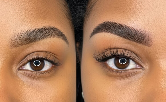 African American Woman's eyebrows before and after correction. Comparison shows result of cosmetic procedure like microblading or permanent makeup. beauty salon, cosmetology, perfect eyebrow shape.