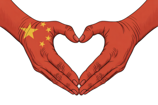 Two bold realistic painted hands forming a heart shape, adorned with the Chinese national flag on transparent background