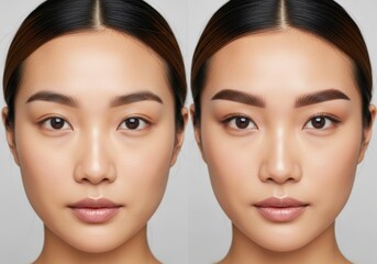 Before and after eyebrow correction. Face of Asian woman showing result of microblading or permanent makeup, transforming sparse brows into thick for beauty salon, cosmetologist, permanent makeup