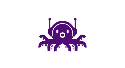Purple, cartoon octopus wearing headphones on white background © fast router