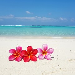 Fototapeta premium Vibrant tropical blossoms gently resting on pristine white sand, with crystal-clear turquoise ocean waves lapping softly in the background ,vibrant ,coast ,summer