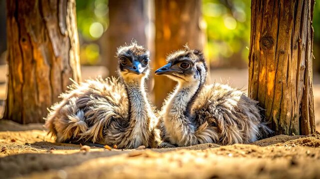 Two adorable emu chicks resting peacefully between tree trunks in a sunlit forest, showcasing their fluffy feathers and curious blue eyes.