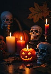 Obraz premium Flickering candlelight casts eerie shadows over classic Halloween decor, creating a spooky yet inviting autumn evening atmosphere ,spooky ,bat ,wax
