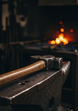 A heavy, well-used blacksmith hammer rests on an anvil in a traditional forge. Its steel head gleams slightly under dim light ,handmade ,vintage tool ,instrument