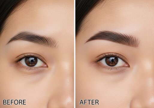 Asian woman's face before and after eyebrow correction. Comparison of thin and thick brows. Microblading, permanent makeup, and beauty salon result.