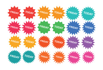Colorful Friday and Today Labels Stickers Arranged on White Background