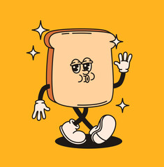 Groovy piece of bread character in retro style. Flat vector illustration.