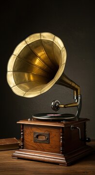 An antique wooden gramophone featuring a prominent gold horn, evoking a sense of history, music, and old-world charm ,turn of the century ,old technology ,record