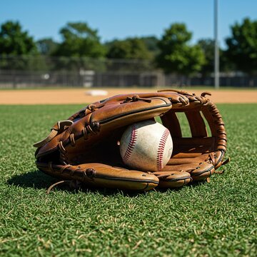 A sunny afternoon on a baseball field, showing a well-used glove and ball, ready for an impromptu game. Emphasizes fun and activity ,fun ,lifestyle ,healthy lifestyle