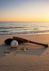 Obraz premium Baseball equipment rests on a pristine sandy beach at sunset, with gentle ocean waves in the background, evoking summer and leisure ,sand ,sunset ,blue