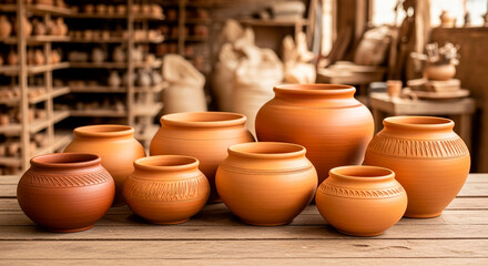 A collection of handcrafted terracotta pottery, including various sized pots and vases, displayed on a rustic wooden surface in a workshop setting