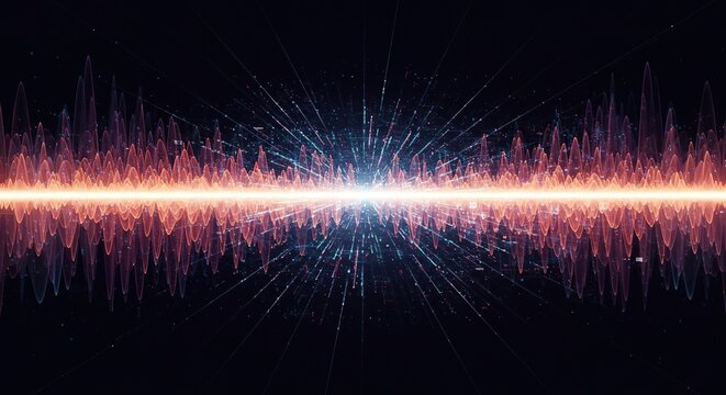 Abstract digital sound wave patterns and data streams flowing, representing audio processing and the creation of rendered sound experiences ,spectrogram ,electronics ,visualization