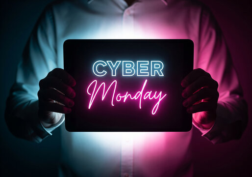 Cyber Monday sale announcement on tablet with glowing neon text held by person for online shopping promotions, capture the excitement of holiday deals