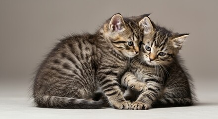 Obraz premium Two fluffy kittens share a sweet, slightly clumsy embrace, showcasing heartwarming affection and playful antics. Absolutely adorable ,joy ,delightful ,playful