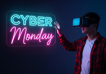 Cyber Monday shopping spree with virtual reality headset, experiencing digital deals and online discounts with immersive technology, future of retail