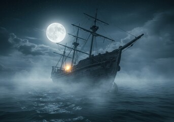 Fototapeta premium An ancient, derelict vessel mysteriously drifts through a thick, swirling fog on a moonlit, turbulent sea, casting an unsettling spectral glow ,stormy ,ocean ,vessel