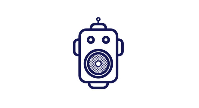 Blue outline illustration of a retro-style robot head with round eyes