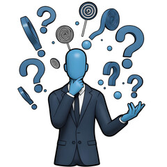 생각하는 사람의 딜레마(The Thinker's Dilemma),질문(Question), 고민(Dilemma), 결정(Decision), 비즈니스맨(Businessman), 아이디어(Idea), 불확실성(Uncertainty), 문제 해결(Problem Solving), 생각(Thinking), 선택(Choice), 전략(Strategy), FAQ