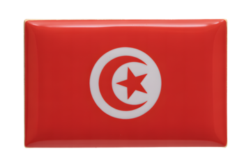 Tunisian flag emblem, glossy red with white crescent and star, perfect for travel or national pride themes