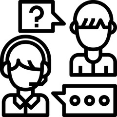 Customer service agent wearing headset and microphone talking to a client with speech bubbles indicating communication and inquiry in a line art style on a transparent background