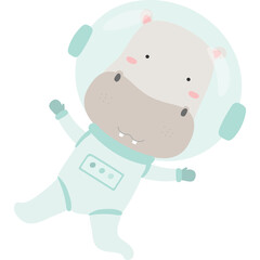 Cute cartoon baby hippopotamus astronaut floating in outer space wearing a light blue suit and helmet with a transparent background