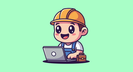 Fototapeta premium Cartoon builder with laptop and briefcase on pastel background